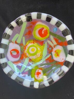 Pink Flowers On Purple Glass  7”x3” Bowl Original Design Handmade.